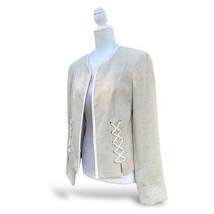 Jones New York Tan Workwear Career Suit Jacket Faux Suede Trim Lace Up Blazer